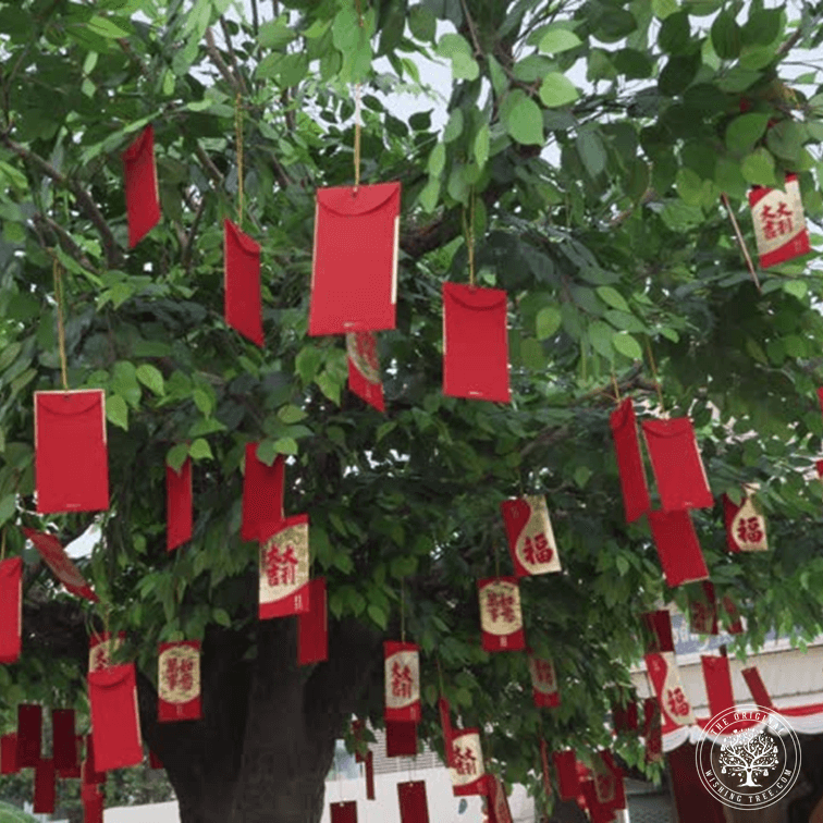 Red envelopes hanging from Wishing Tree